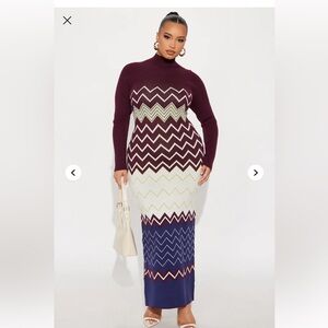 Elegant Chevron Knit Dress in Burgundy and White